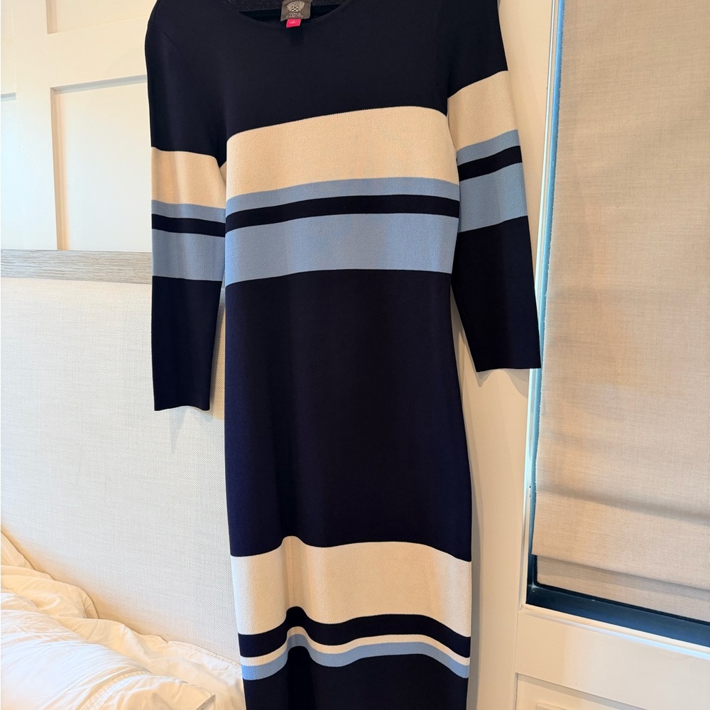 Vince Camuto Black, Cream, and Blue Long Sleeve Dress